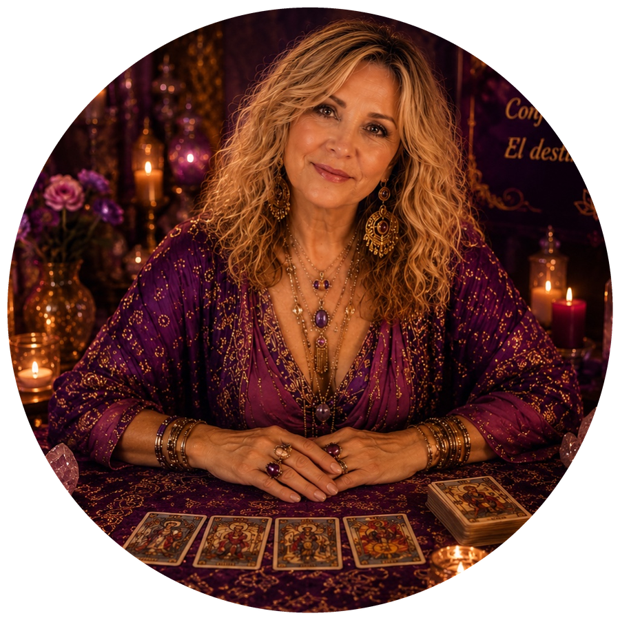 Clara de Oteiza en su altar con velas, cristales y cartas de tarot