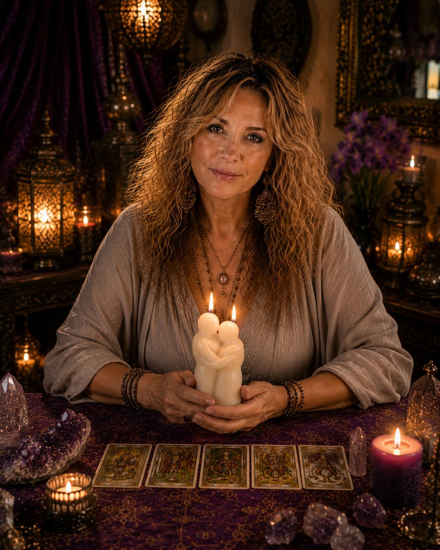 Clara de Oteiza sosteniendo una vela en su altar