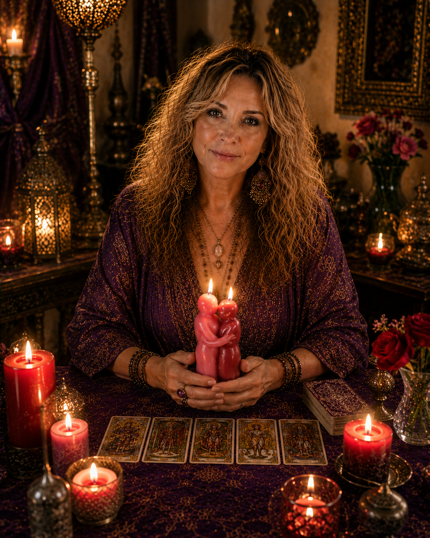 Clara de Oteiza sosteniendo una vela de pareja en su altar, rodeada de velas encendidas