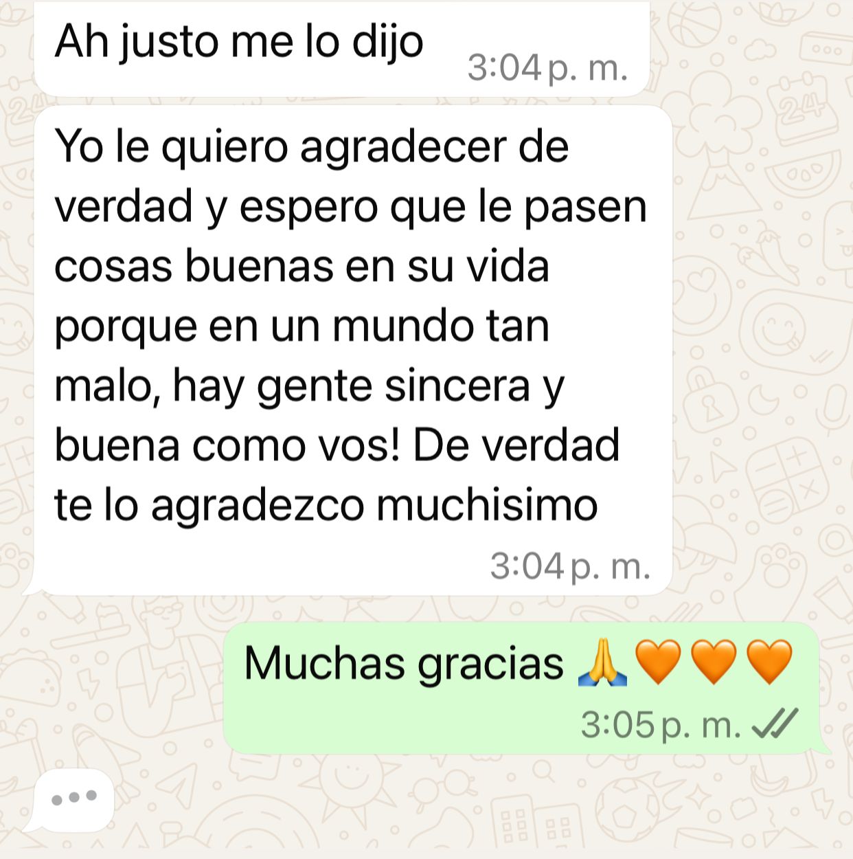 Captura de una conversación real por WhatsApp con un testimonio